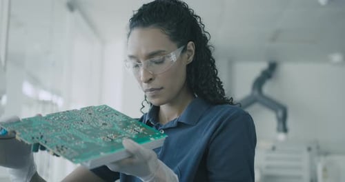 Technikerin analysiert Leiterplatte