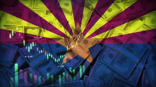 Arizona Flag On Economic Background With Decrease Bar Chart Graph And Arrow