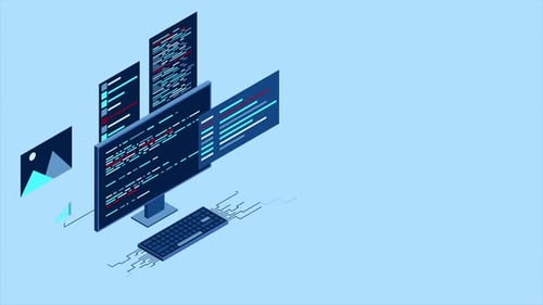 Isometric desktop computer. Coding programming technology. Programming concept. Technology animation