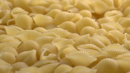 Italian pasta conchiglie rigate shell shaped rotating background closeup side view. Durum wheat