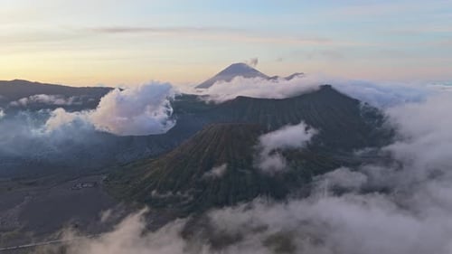 Aerial view of mount bromo volcanoes at sunrise in indonesia