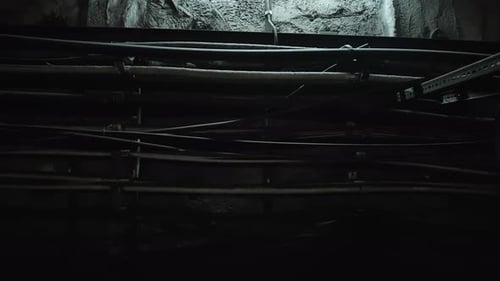Schwach beleuchtete unterirdische Tunnelwand und -decke mit ineinander verschlungenen Kabeln, Metallrohren und -rohren