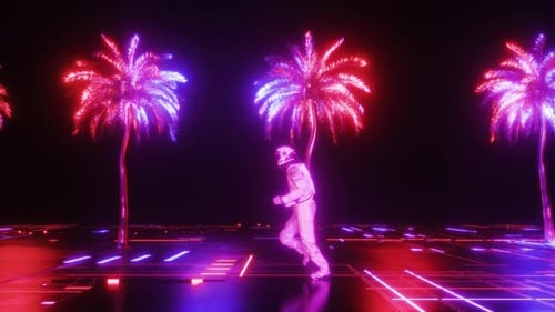 Astronauta corriendo contra el fondo de un bucle de palmeras resplandecientes