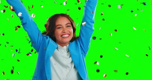 Face, celebration and woman with confetti, green screen and success with joy, cheerful and excited