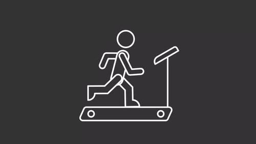 Animated sportsman on treadmill white line icon