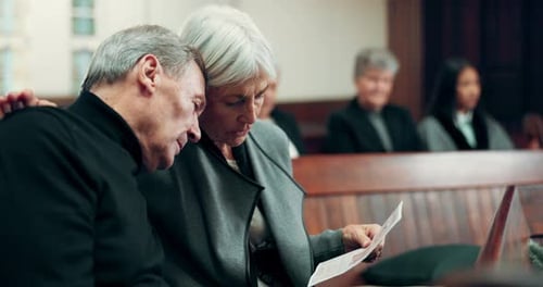 Sad, hug and senior couple at a funeral with support, love and crying together in a church
