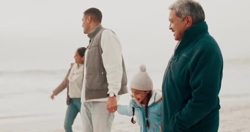 Beach, walking and children holding hands grandparents in nature on vacation, holiday and adventure