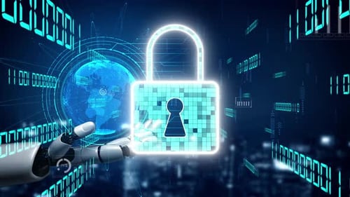 Futuristic robotic hand interacting with digital padlock surrounded by global data visualization and