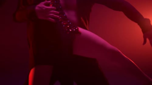 Closeup Dance Couple Feet Dancing Latina Indoors. Unrecognizable Sensual Dancers Doing Support