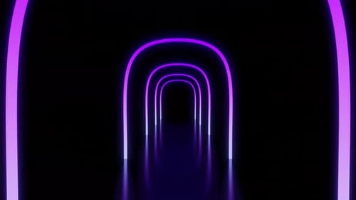 Pasillo en forma de arco de neón degradado morado con animación en bucle con reflejos
