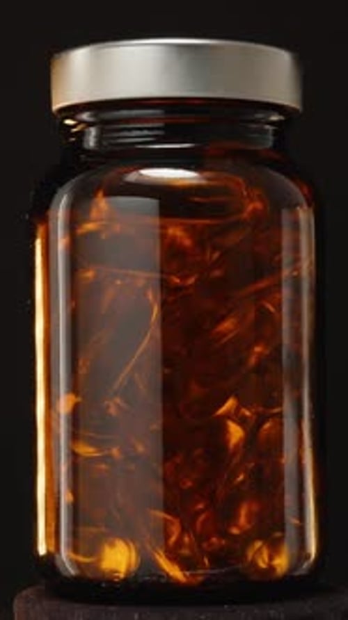Bottle of Brown Medicine Capsules on Black Background