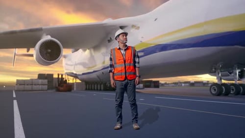 Full Body Of Asian Male Engineer Looking Around with Cargo Aircraft