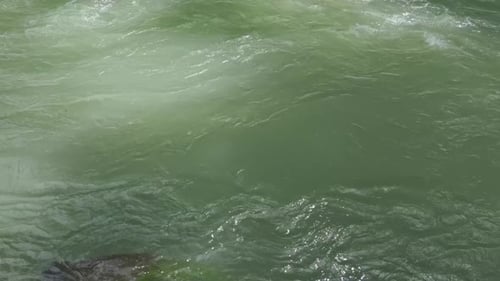 Slow motion greenish water in fast flowing river. Static shot.