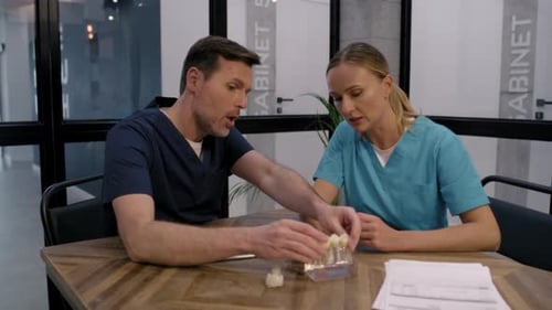 Medical Professionals Collaborating with Dental Model in Office