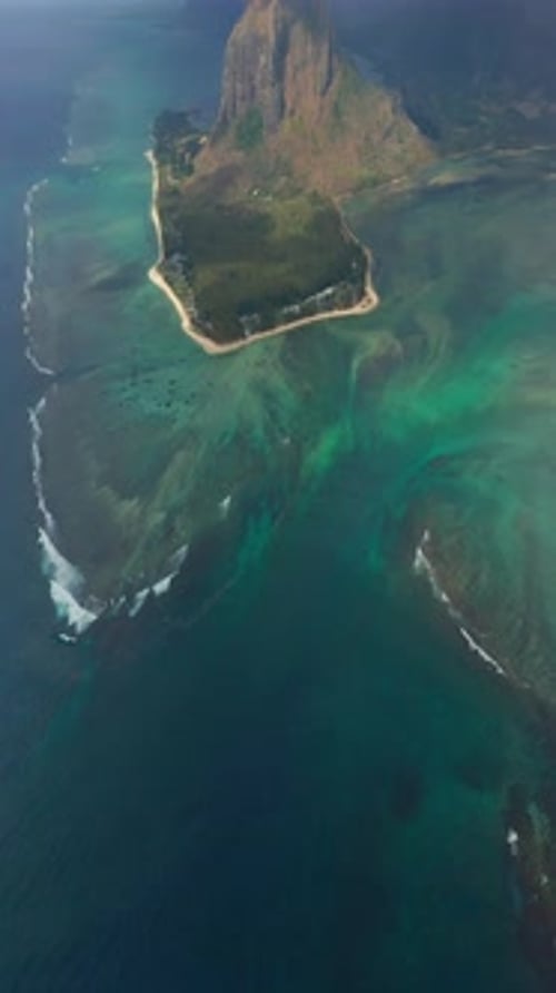 Beautiful Lagoon Mauritius Island Aerial View of an Underwater Waterfall in the Indian Ocean Drone
