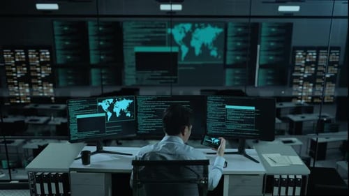 Homme asiatique travaillant avec un téléphone portable tout en écrivant du code avec plusieurs écrans d'ordinateur au bureau