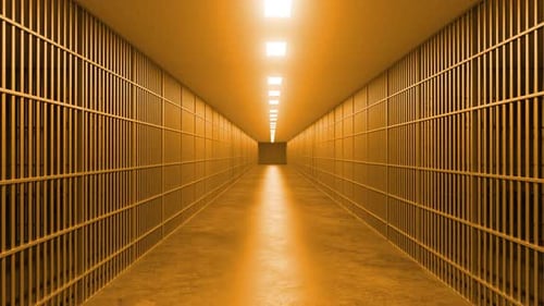 Empty jail corridor with bright lights