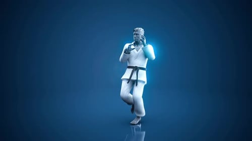 Conceptual 3D animation of a martial artist kicking