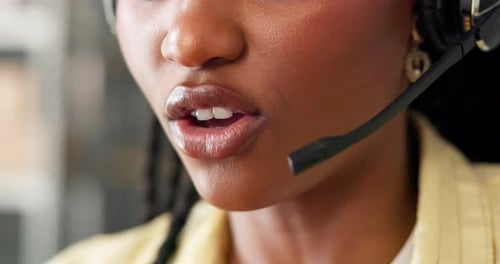Smile, woman and mouth with headset in call centre for consultation, customer service and advice