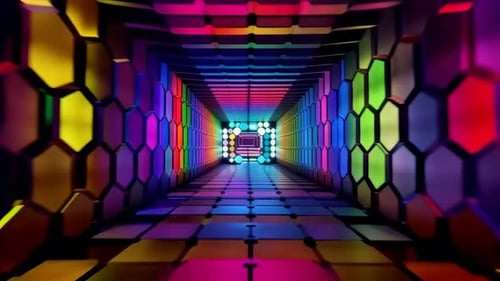 Vuelo en punto de vista a través de un colorido y brillante túnel hexagonal de ciencia ficción