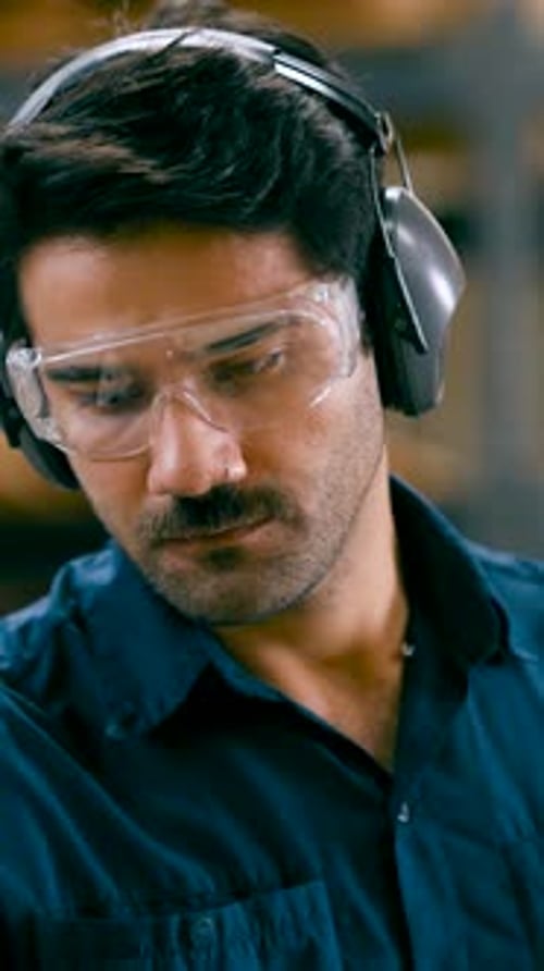 Focused Male Carpenter Working in a Workshop Vertical
