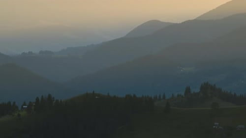 Amazing Sunset Scenery in Wild Mountain Forest with Old Shepherd Houses on Hillside Beautiful Nature