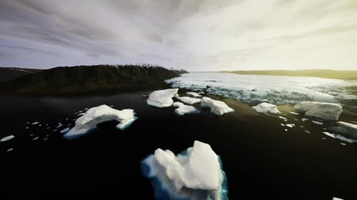 Serene Icy Landscape with Floating Bergs Beneath Overcast Skies