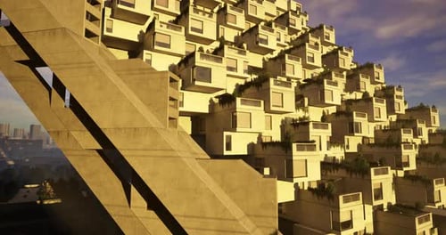 Estructura arquitectónica única con unidades residenciales apiladas al atardecer