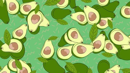 Cartoon Avocados and Leaves Seamless Loop Background
