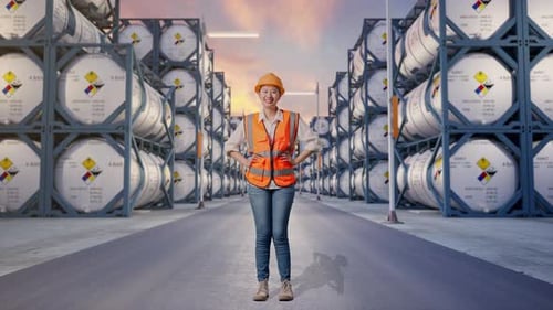 Corps entier d'une ingénieure asiatique debout avec des bras Akimbo avec des réservoirs de produits chimiques