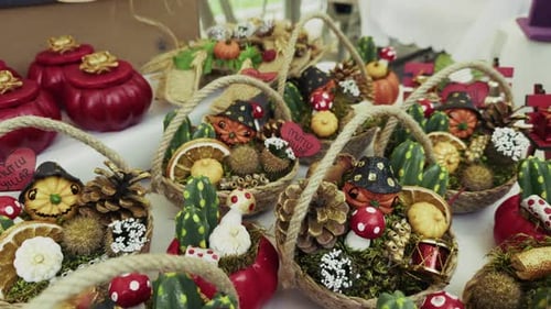 Miniature Decorative Baskets with Pumpkins, Mushrooms, and Pinecones