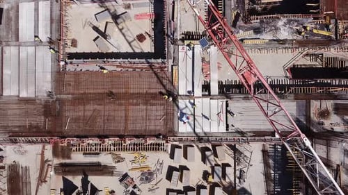 Large scale residential construction site with cranes, Aerial view