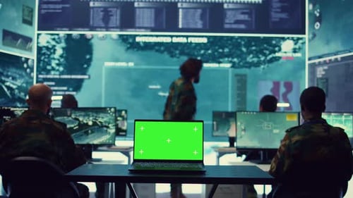 Laptop Showing Isolated Mockup Screen in Army Base of Operations