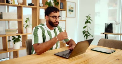 Creative, thinking and man at laptop in office for sustainable business, growth or development