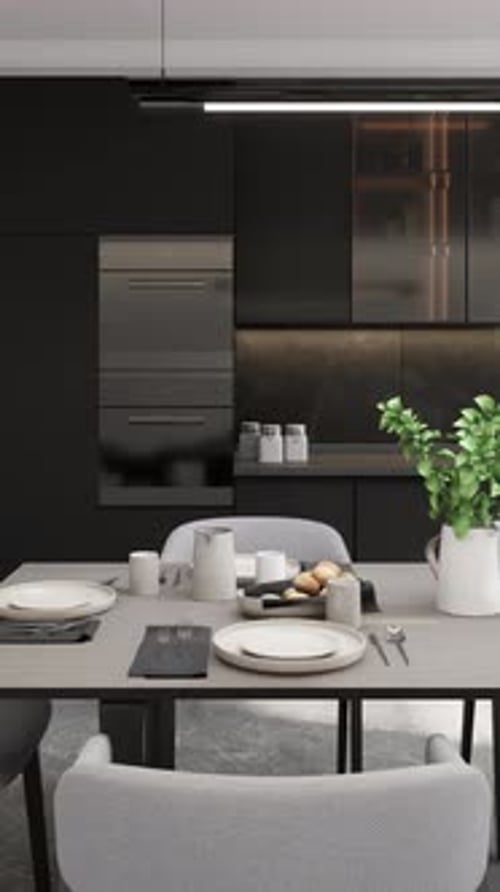 Küche im modernen Stil mit überdachtem Esstisch. 3D-Renderer