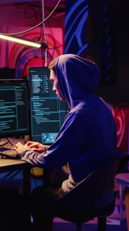 Young Adult Working at Computer in Dark Room