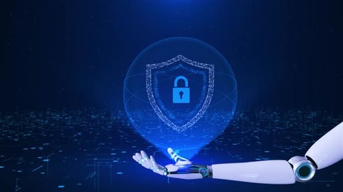 Futuristic Robot Hand Presents Digital Security Shield