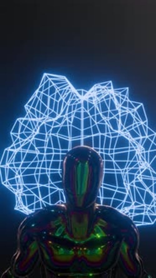 Futuristic AI Humanoid with Glowing Geometric Wireframe