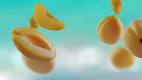 Flying Apricot and Apricots Slices in Beach Tropical Summer Background