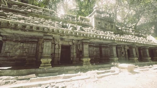 Ancient Temple Ruins Amidst Lush Greenery and Sunlight in Dense Forest