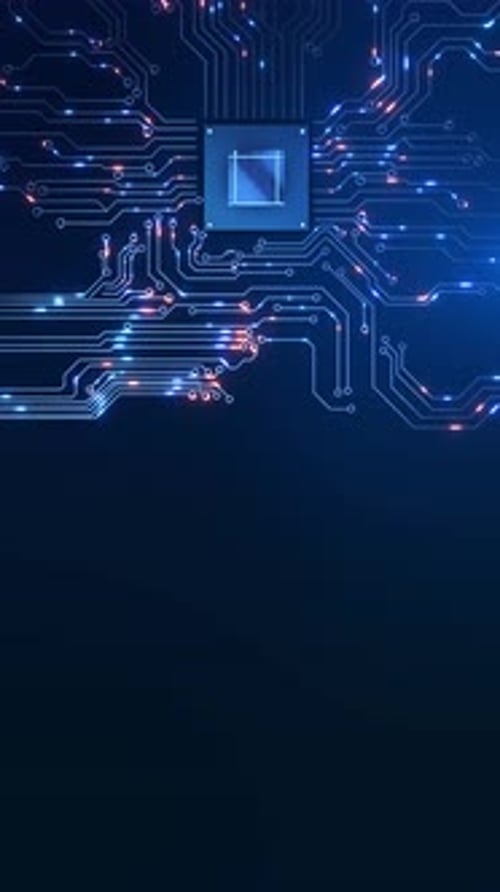 Circuit Board Moving Electrons Artificial Intelligence AI Data Flow on Motherboard Glowing Circuit