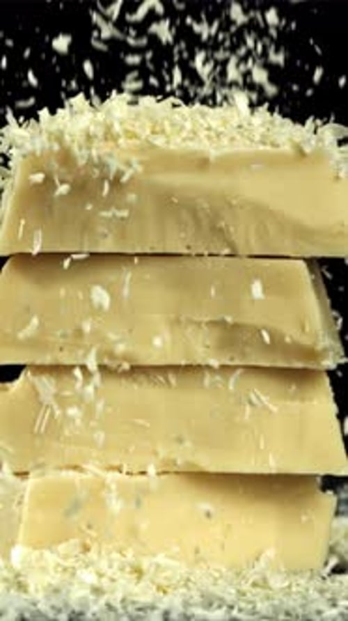 Shredded White Chocolate Falls on a Tower of Chocolate Pieces Filmed on a Highspeed Camera at 1000