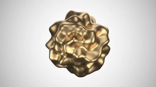 Moving shiny golden abstract fluid organic shape sphere object on white and grey background. Loop.