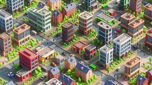 Flying Over a 3D Cartoon Modern City