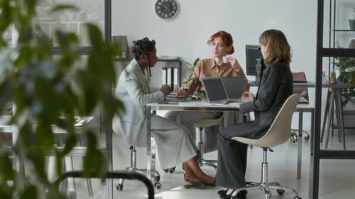 Multiethnic Young Female Coworkers Having Conversation at White Office Desk