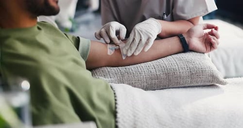 Nurse, hands or patient with IV drip for injection, infusion or healthcare treatment in clinic