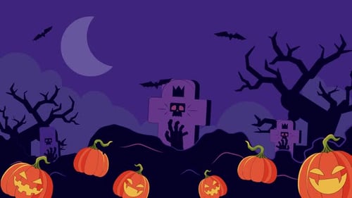 Halloween Graveyard Scene Animation With Pumpkins And Bats