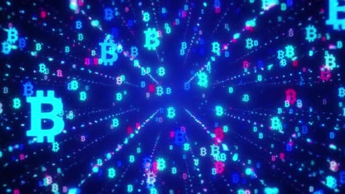 Glowing Bitcoin Cryptocurrency Symbols Digital Tunnel Loop Background