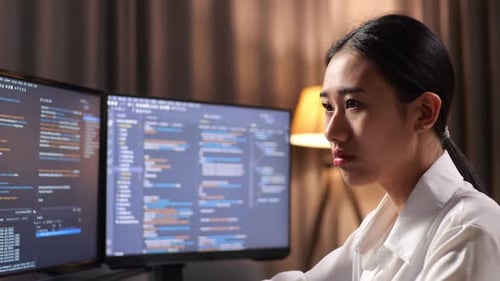 Primer plano de una programadora asiática que crea una innovadora aplicación de desarrollo de ingeniera de software