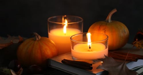 Fall Still Life with Candles and Pumpkins
